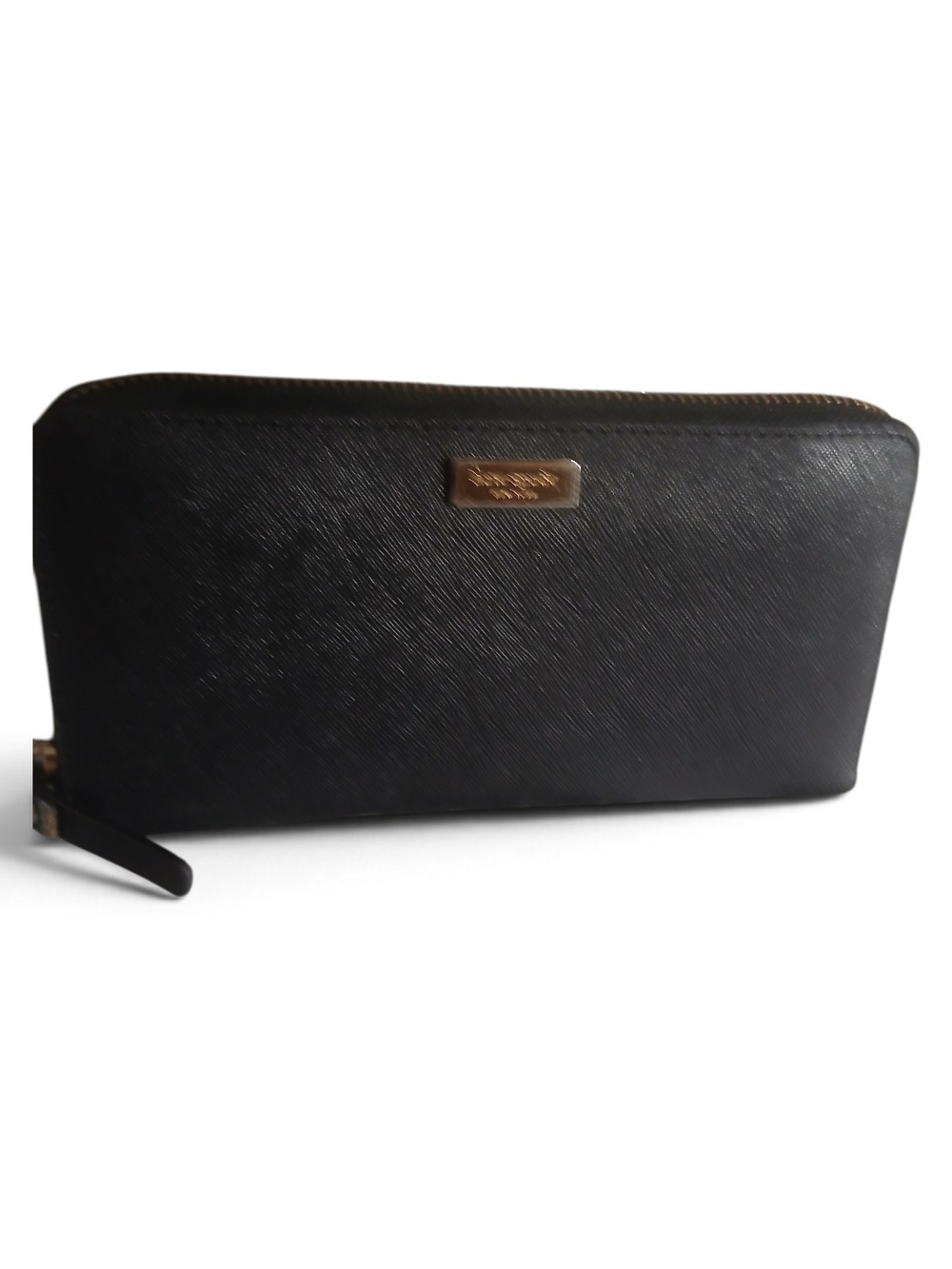 kate spade Black Saffiano Zip-Around Wallet with Gold Plaque